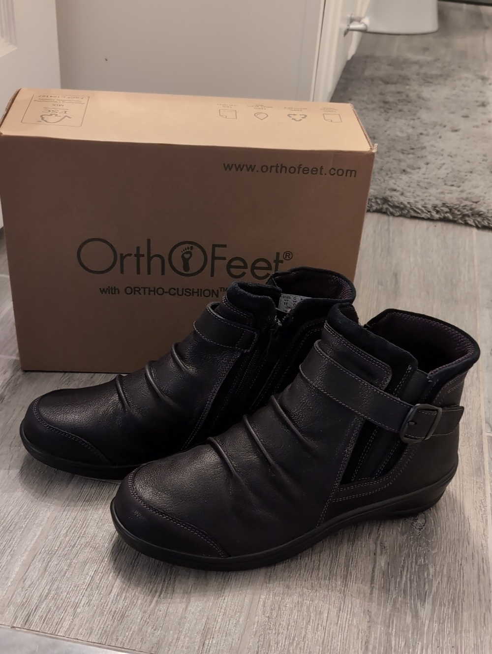 Ortho Feet Women's Black Leather Ankle Booties with Buckle Strap